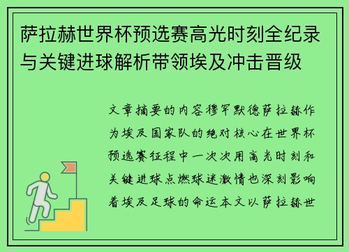 萨拉赫世界杯预选赛高光时刻全纪录与关键进球解析带领埃及冲击晋级